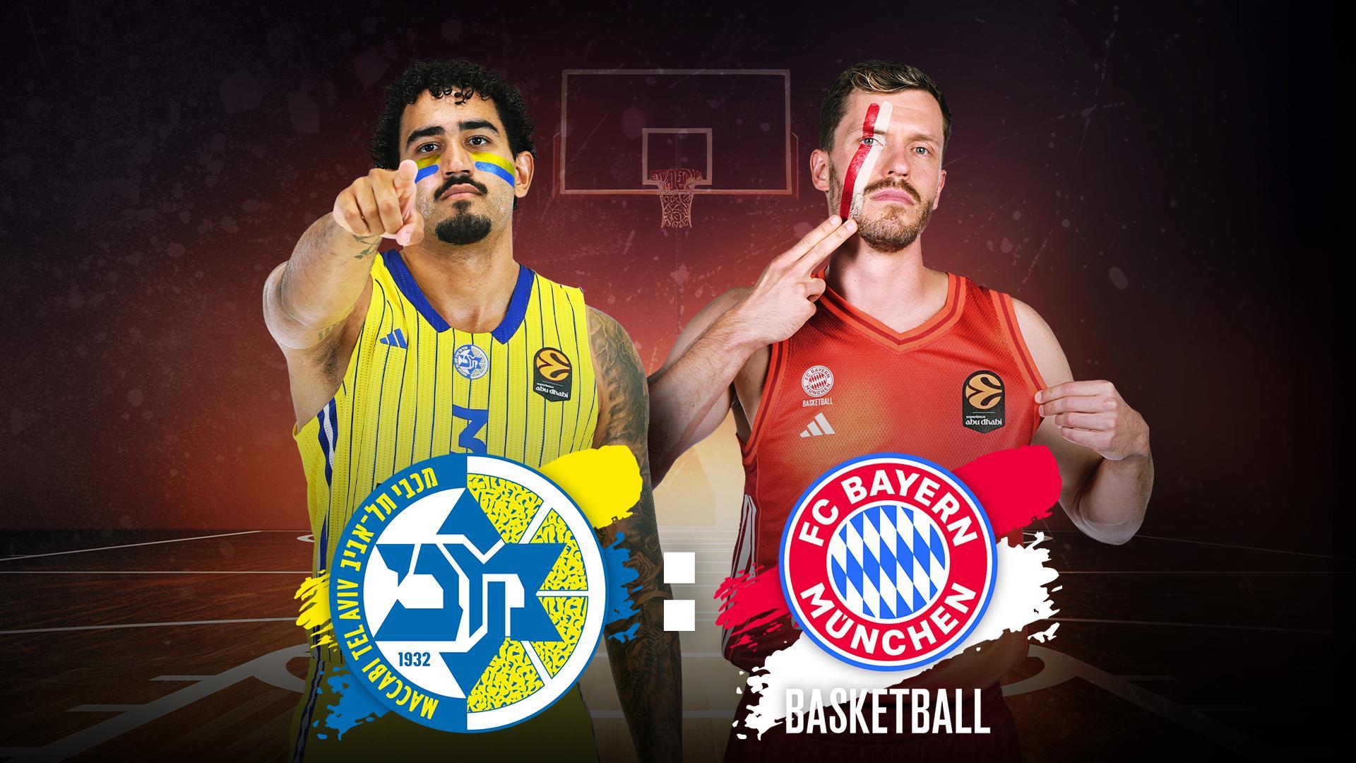 Werbegrafik mit Spielern von Maccabi Tel Aviv und FC Bayern Basketball.